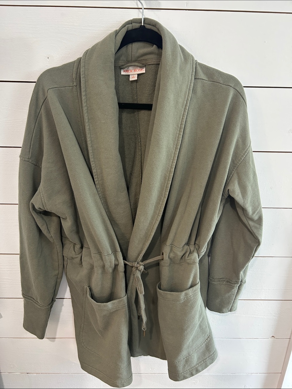 Knox Rose Olive Drawstring Shawl-Collar Knit Cardigan size large